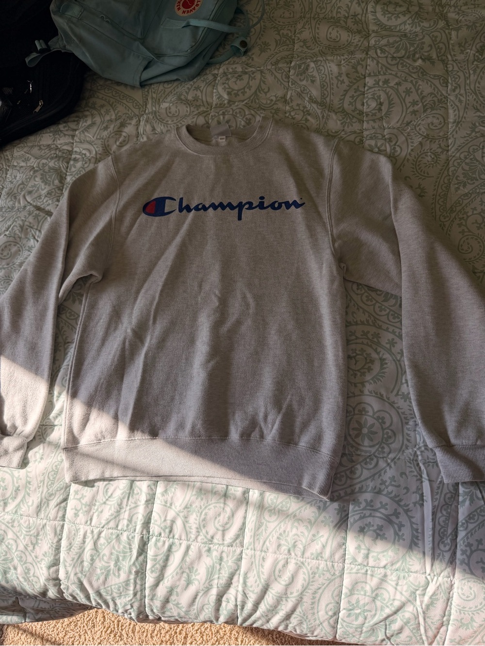 Champion Light Gray Crewneck with Navy & Red Logo